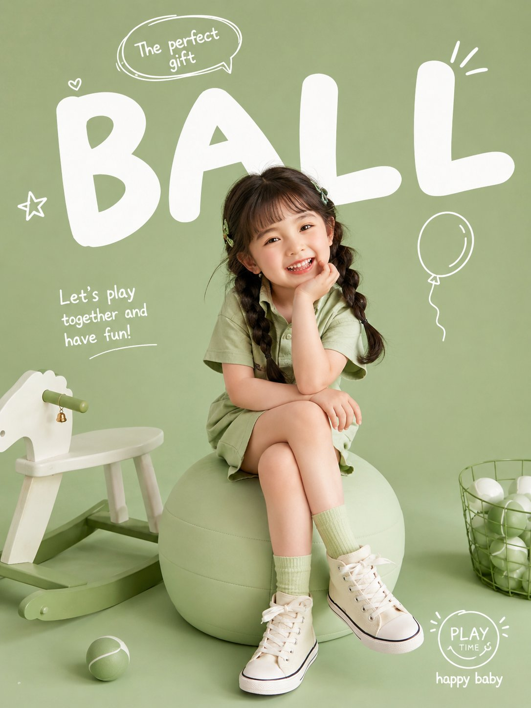 Create a premium editorial poster for a “Playful Kids Fashion” baby ball campaign.