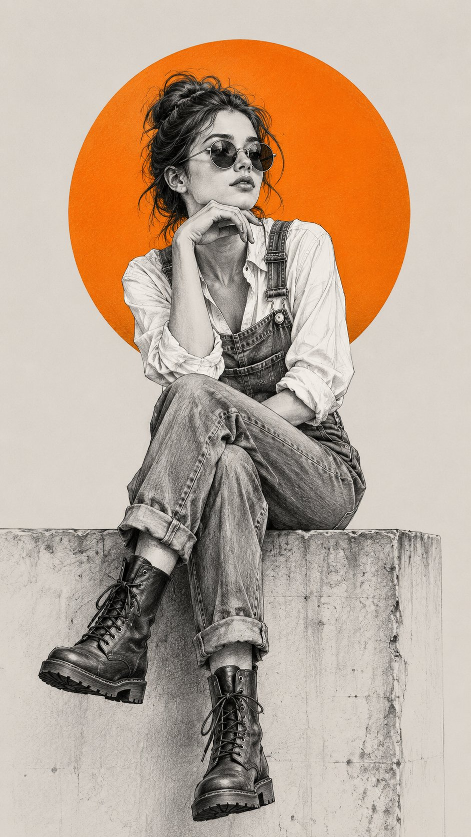 Ultra-detailed editorial digital illustration of a stylish young woman sitting gracefully on a weathered stone ledge